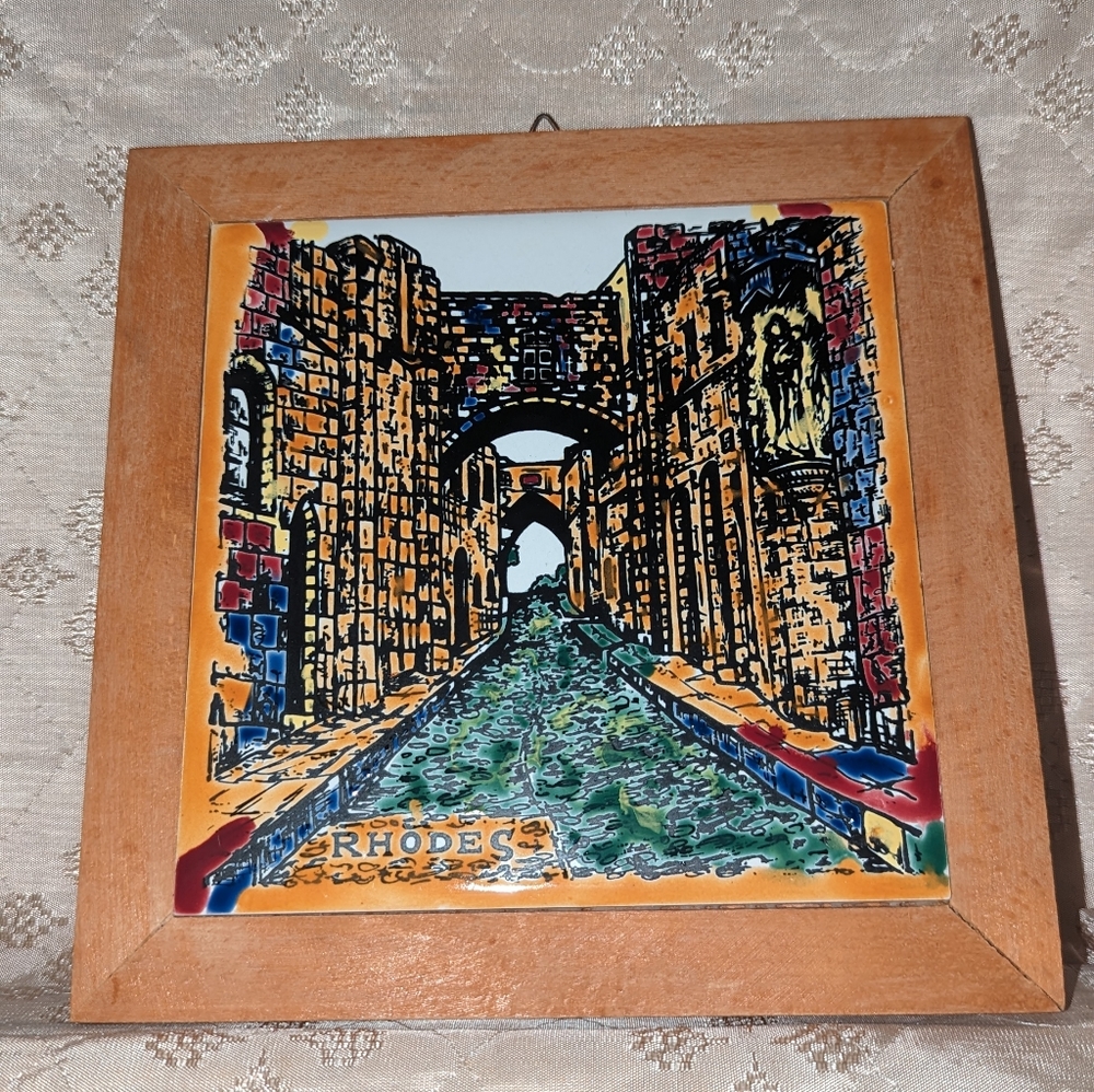 Hand painted tile spoon rest or decor. "Rhodes"